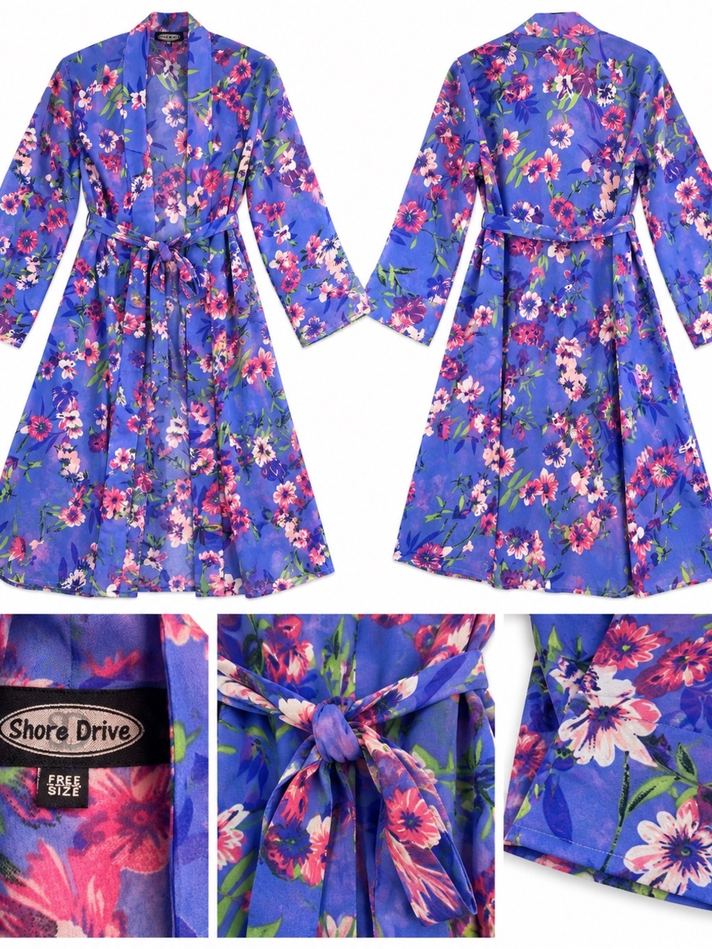 Shore Drive Women’s Blue Floral Sheer Kimono Robe – Free Size